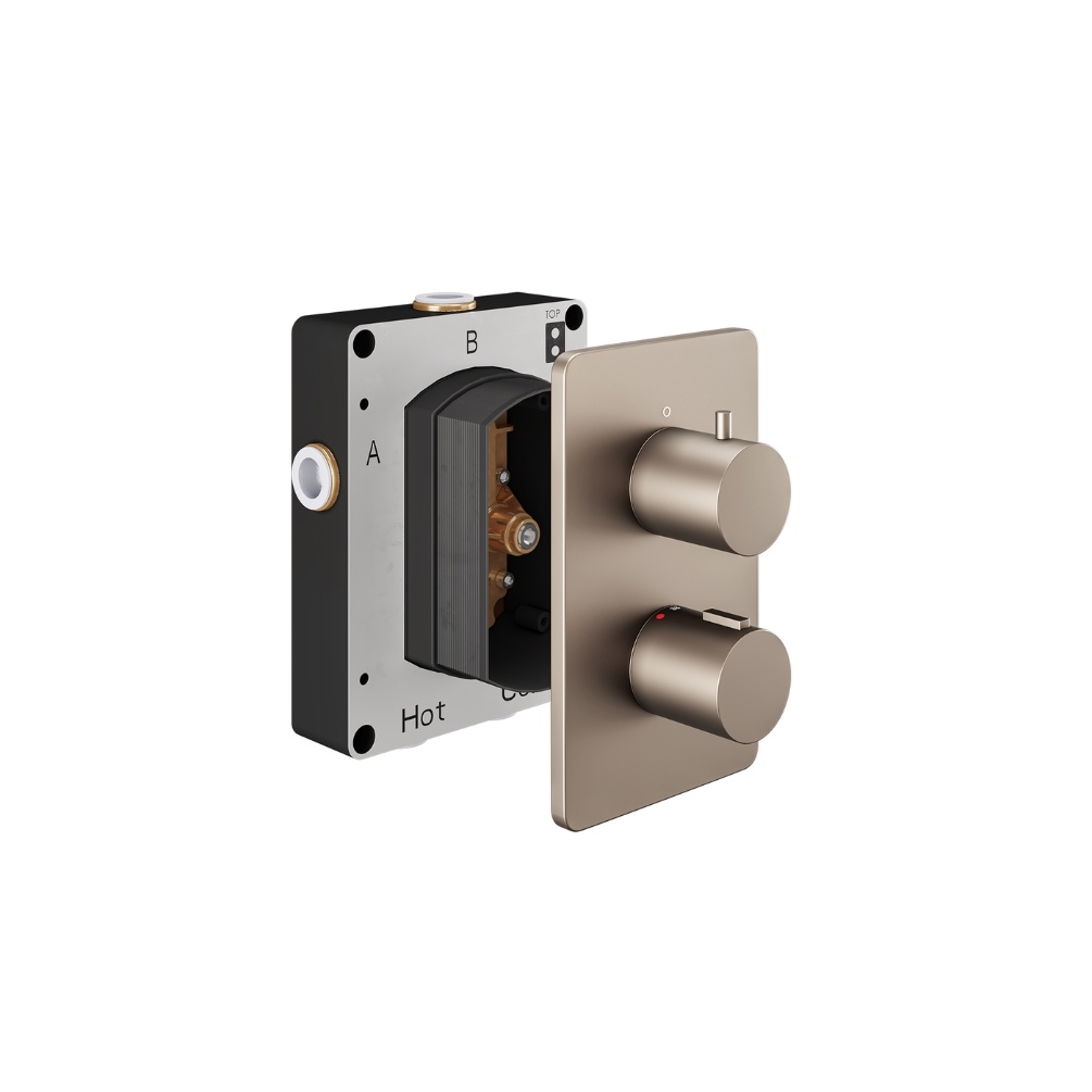 Product Cut out image of the Abacus Iso Brushed Nickel 3 Outlet 2 Handle Thermostatic Shower Valve
